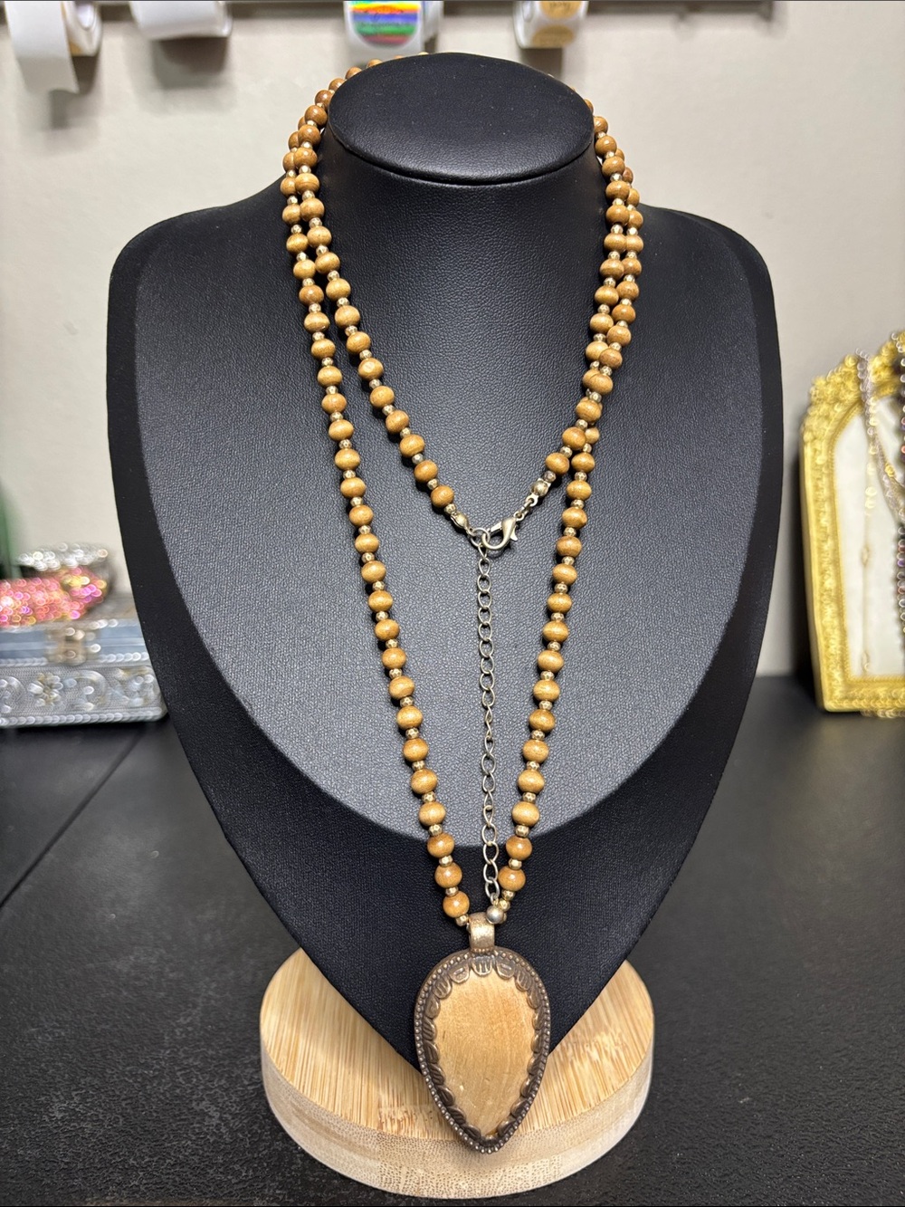 Boho Western Handcrafted Brown Wood Bead Pendant Necklace Rodeo